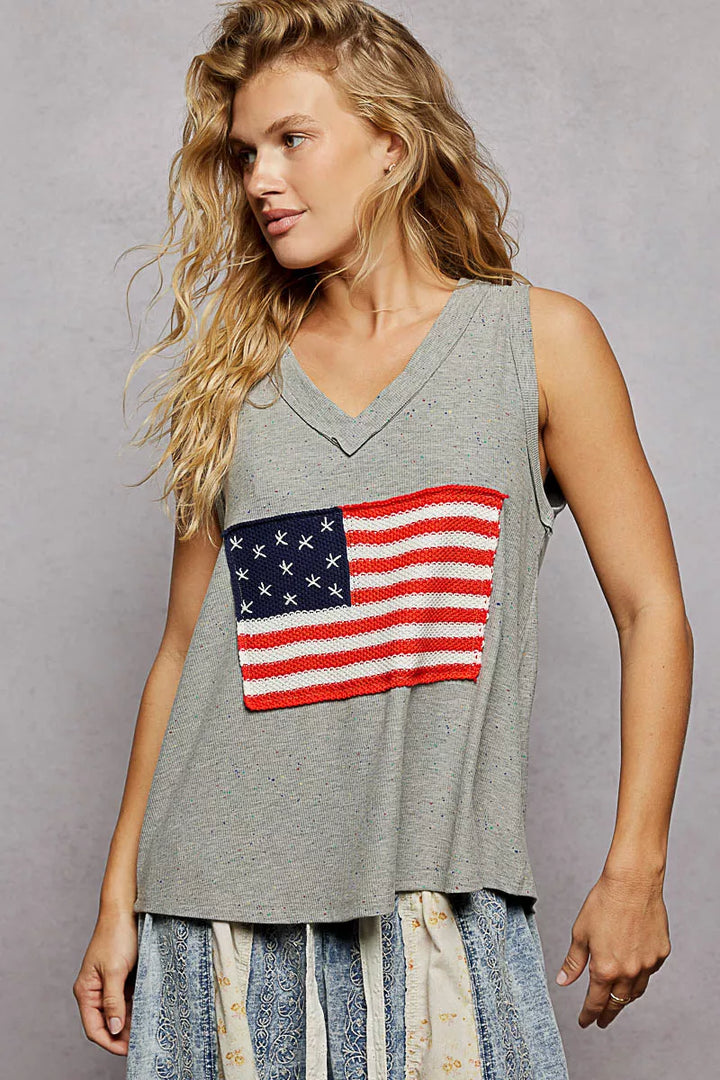 Heather Grey Pol V Neck Ribbed Tank With American Flag Patch And Star Back Patch 4