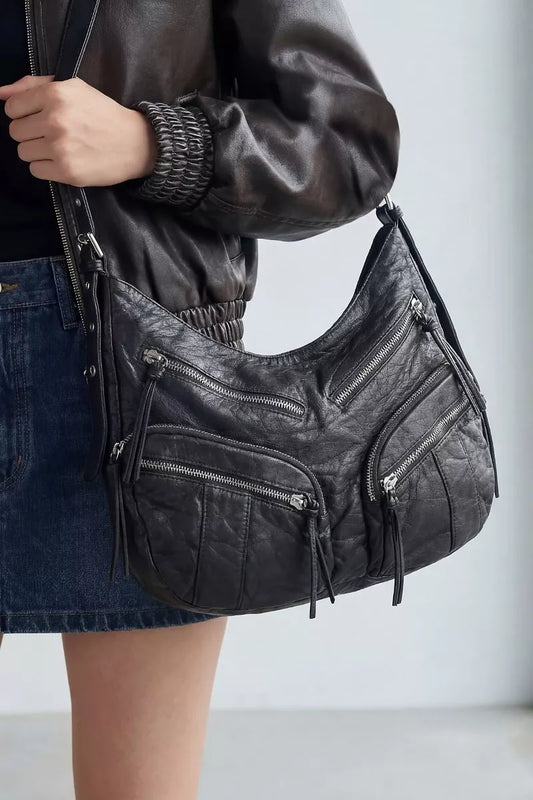 Br Fame Multi Zipper Pocket Leather Hobo Bag