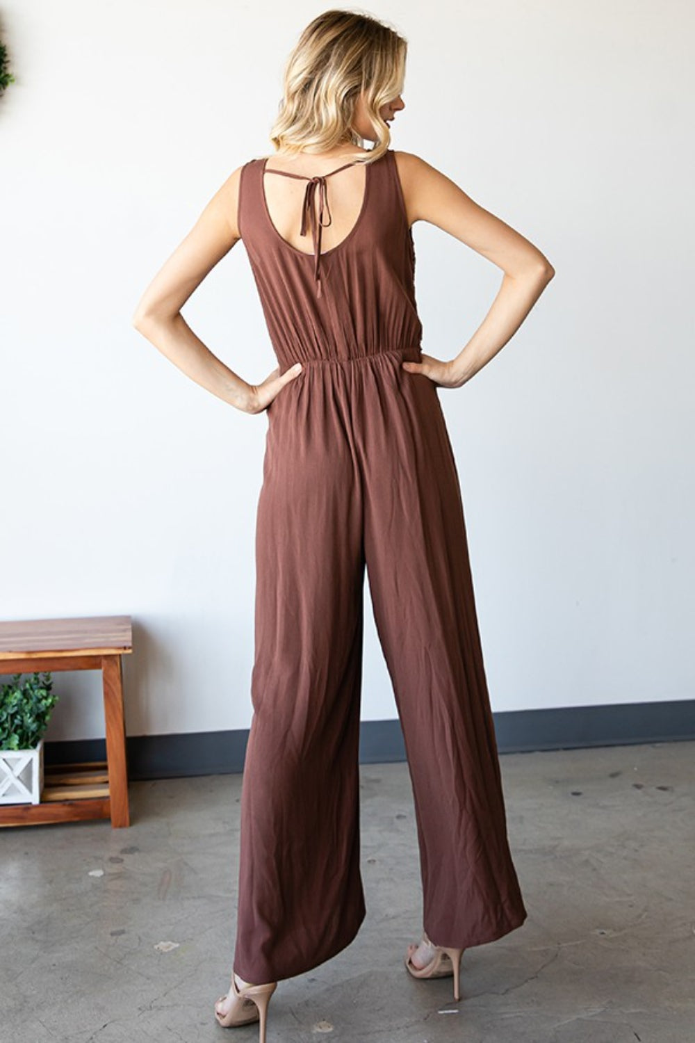 BROWN First Love Tie Back Sleeveless Slit Wide Leg Jumpsuit