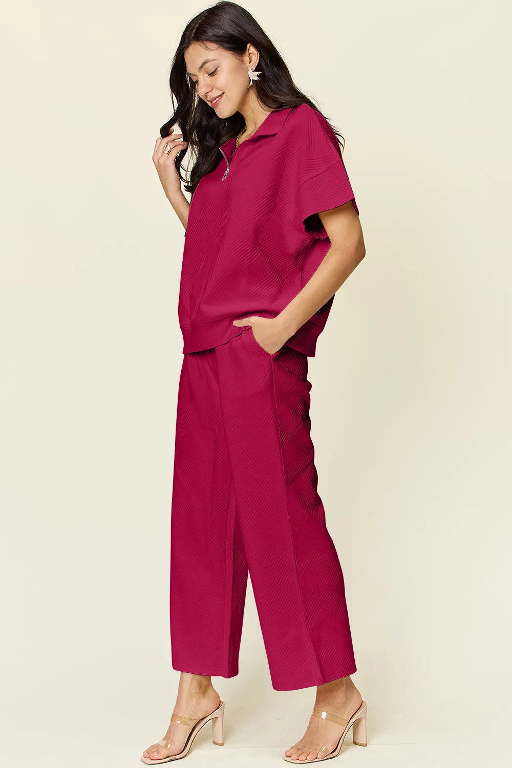 Olive Double Take Full Size Texture Half Zip Short Sleeve Top And Pants Set 1