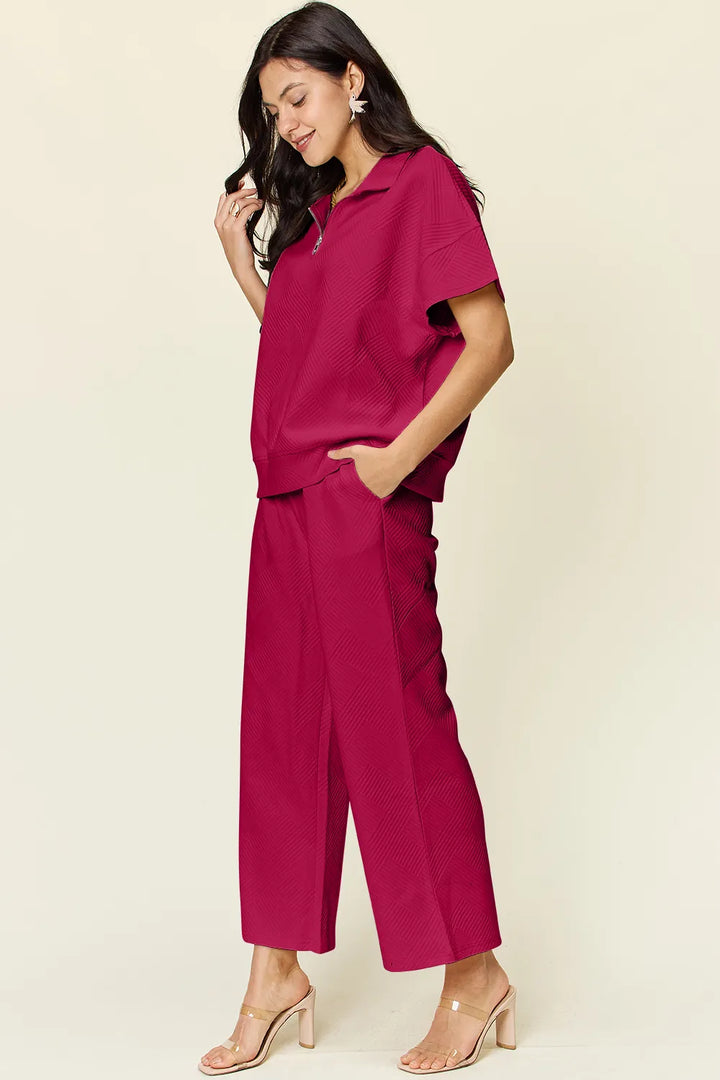 Olive Double Take Full Size Texture Half Zip Short Sleeve Top And Pants Set 1