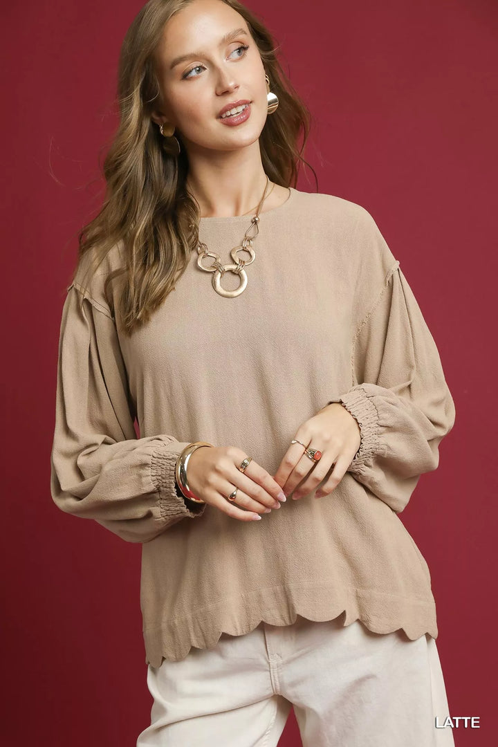 Latte Umgee Linen Scallop Hem Long Sleeve Blouse