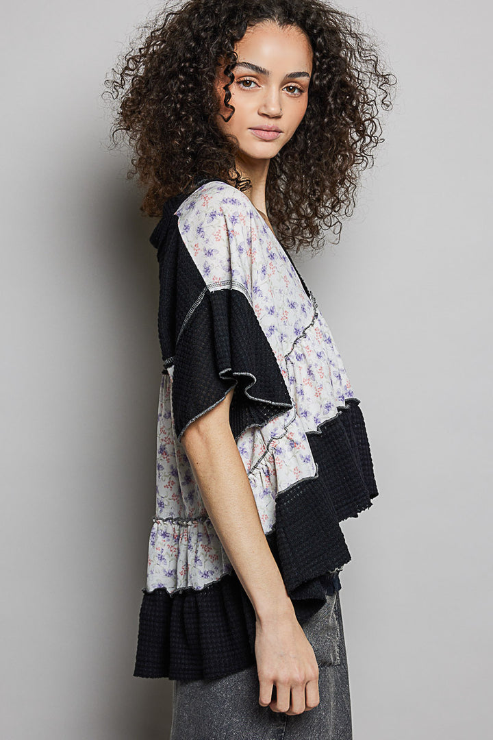 Black Pol Floral Print V Neck Woven Blouse With Gentle Gathers 1