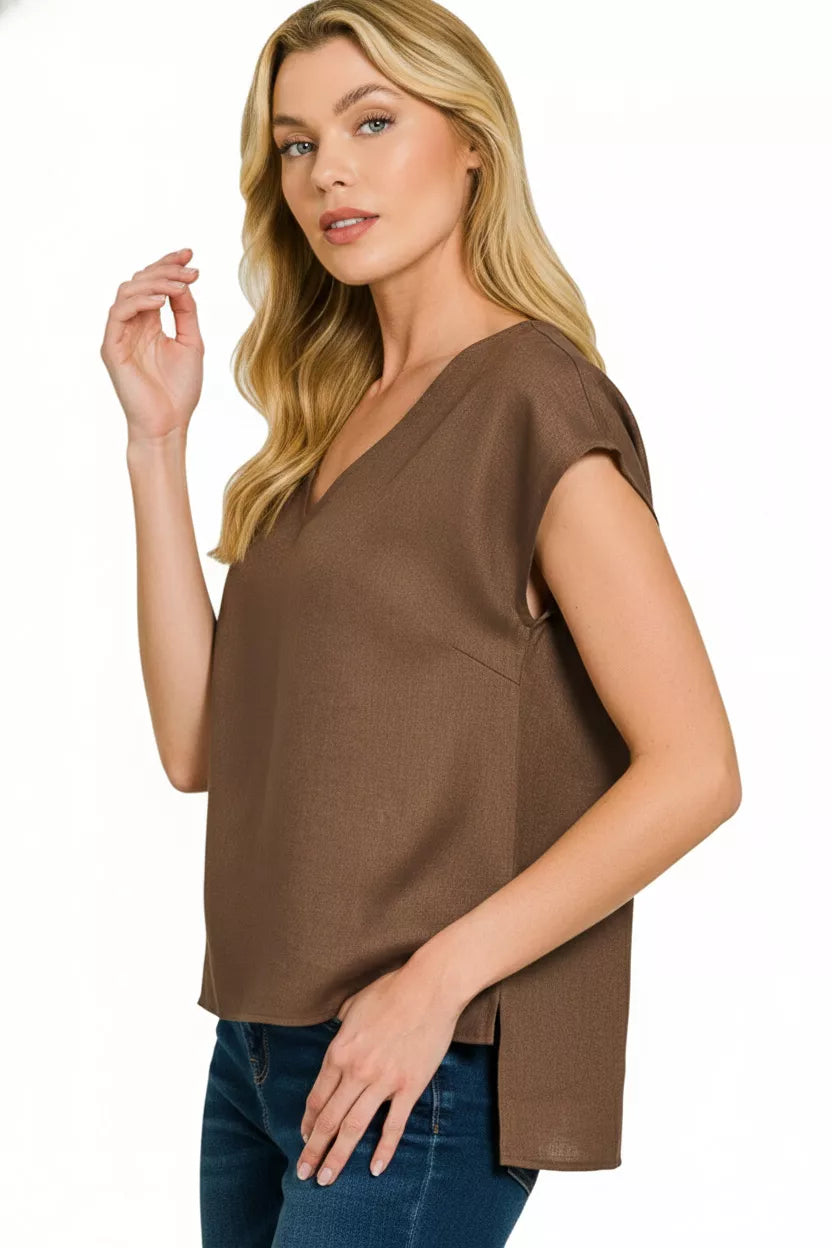 Brown Zenana Linen V Neck Sleeveless Top