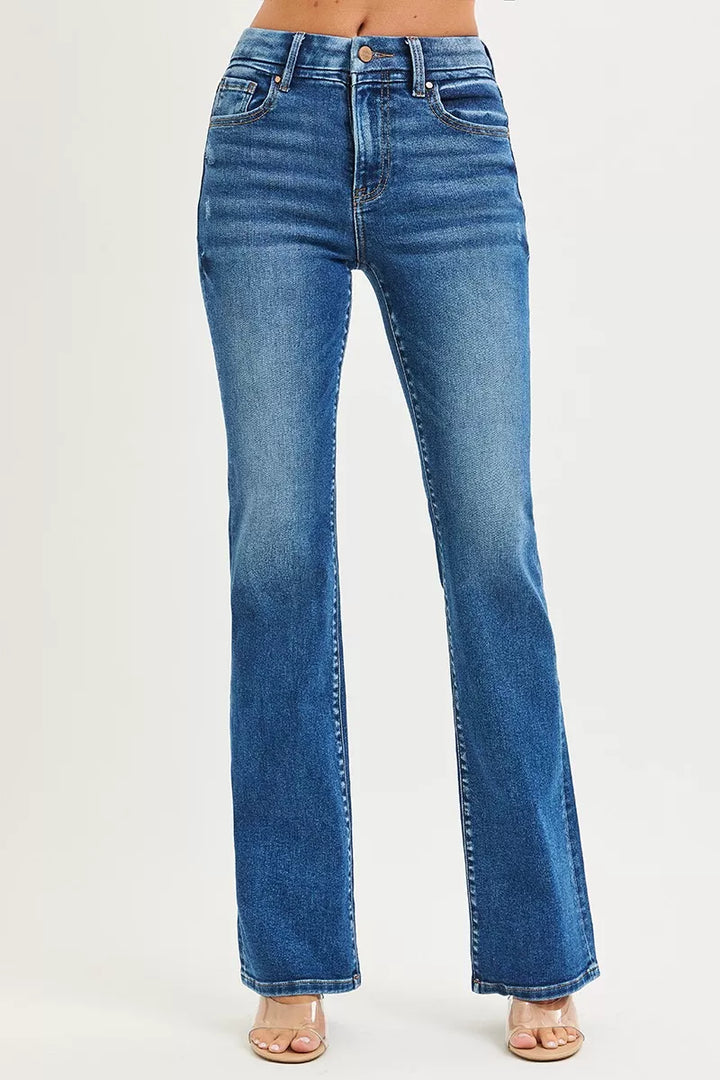 Dark Risen High Rise Bootcut Jeans With Distressed Details