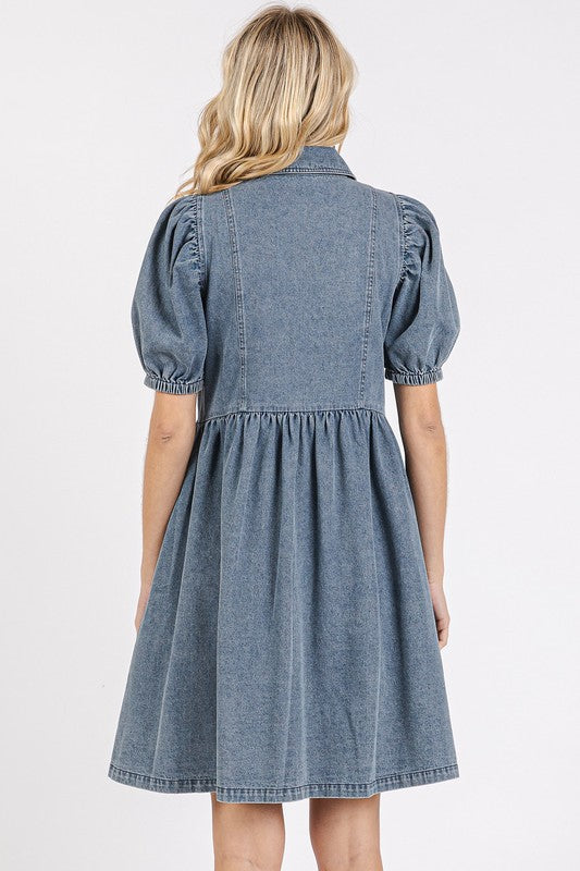Denim Mittoshop Button Down Puff Sleeve Denim Dress