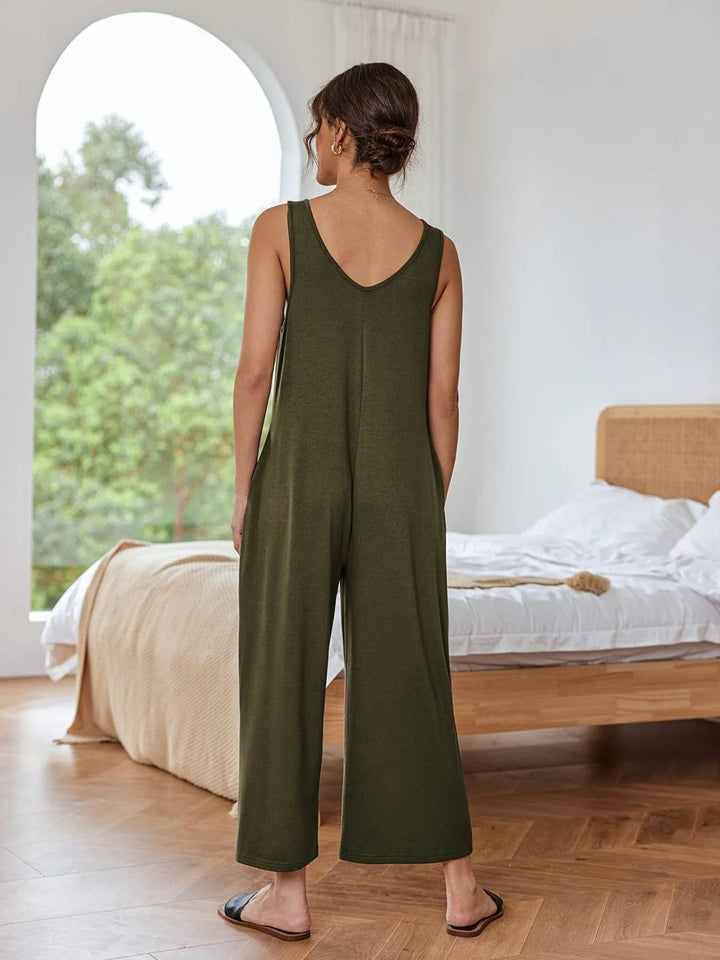 Army Green Sleeveless Wide Leg Casual Jumpsuit