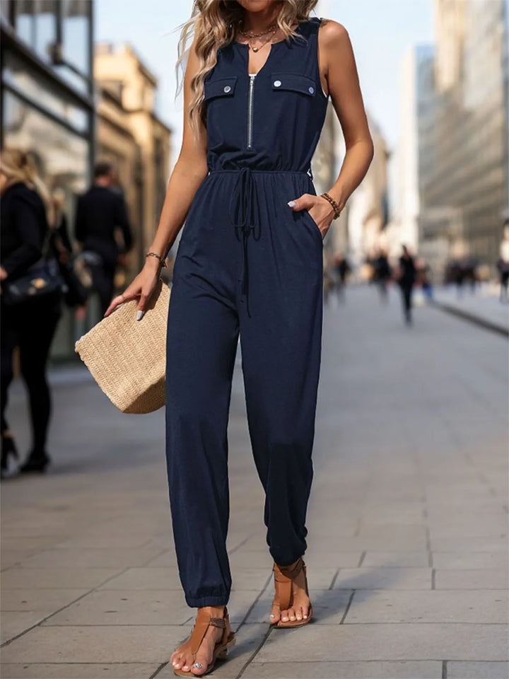 Dark Blue Drawstring Waist Sleeveless Jumpsuit