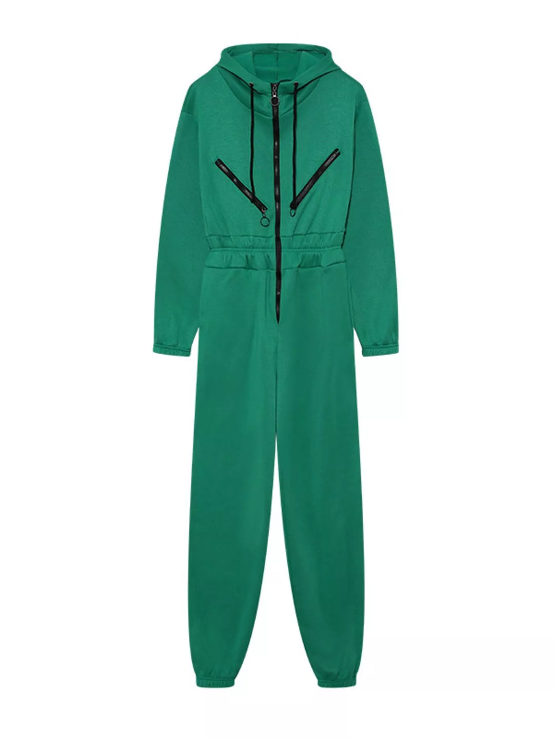 Green Hooded Zip Up Long Sleeve Jumpsuit
