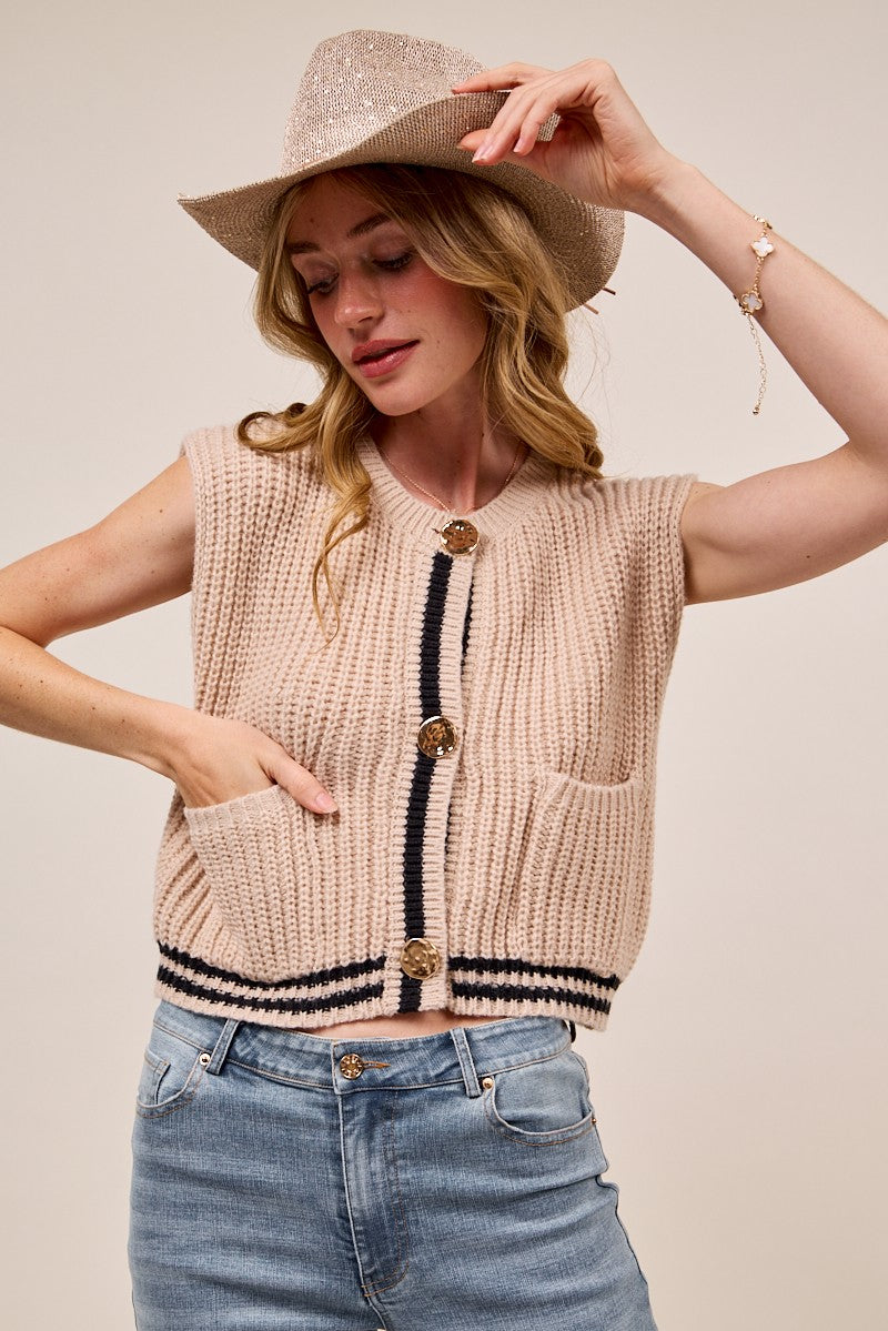 So Me Big Metal Button Front Stripe Edge Knitted Sweater Vest