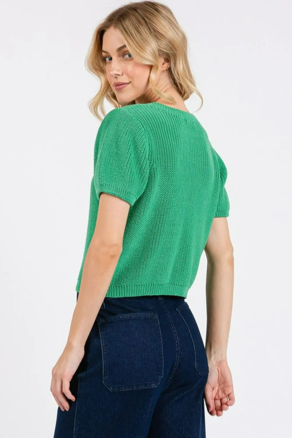 Jade Green Mittoshop V Neck Short Sleeve Crop Sweater