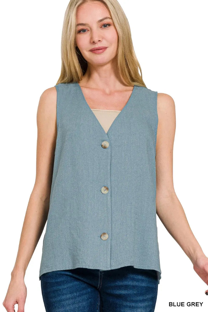 Blue Grey Zenana Side Slit Button Front Vest 1