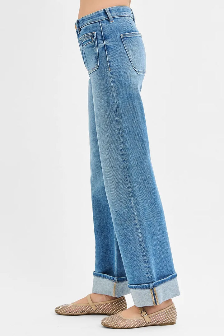 Medium Risen Full Size Elastic Band Mid Rise Wide Front Patch Pocket Cuff Jeans Plus Size