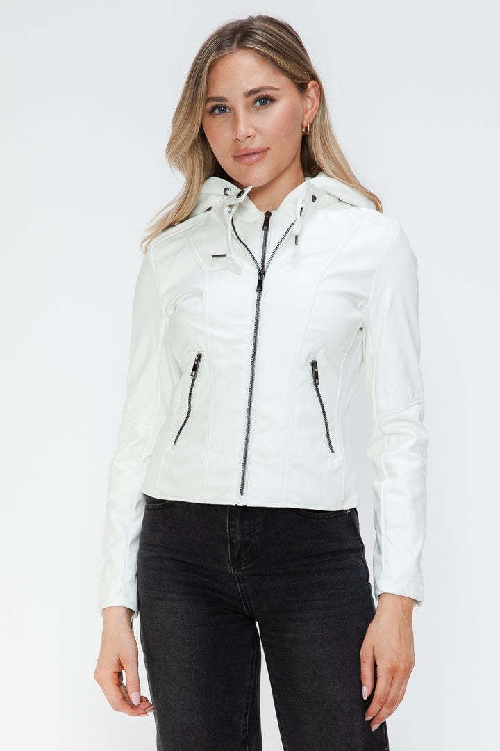 White Snobbish Faux Leather Zip Up Drawstring Hooded Jacket 3