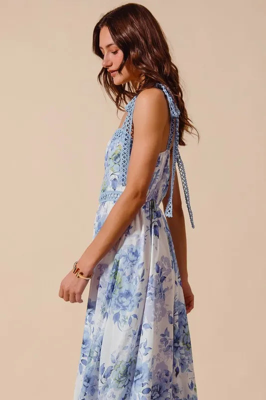 So Me Floral Print Flowy Maxi Dress With Lace Ribbon Tie
