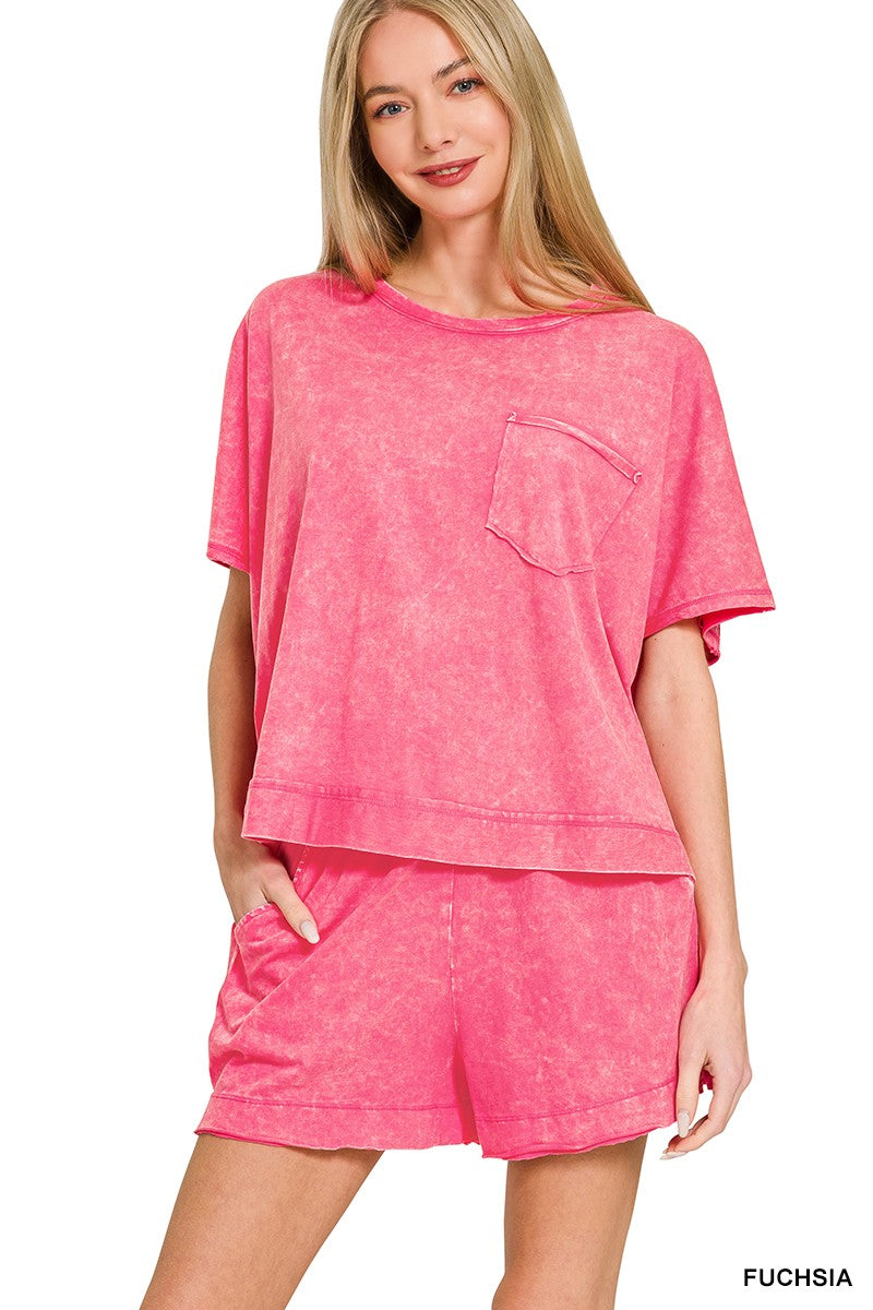 Fuchsia Zenana Acid Washed Oversized Top Shorts Set