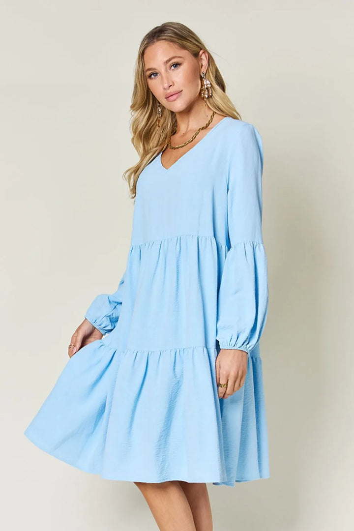 Light Blue Double Take Full Size V Neck Balloon Sleeve Tiered Dress With Pockets