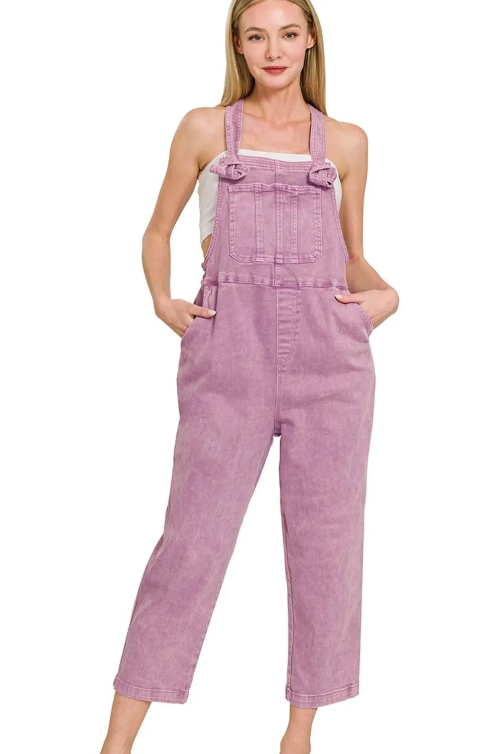 B Violet Zenana Washed Knot Strap Relaxed Fit Overalls 1