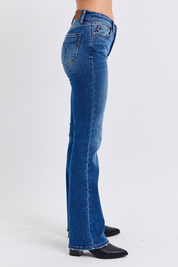 Dark Judy Blue Full Size Run Mid Rise Bootcut Jeans With Thermal Lining