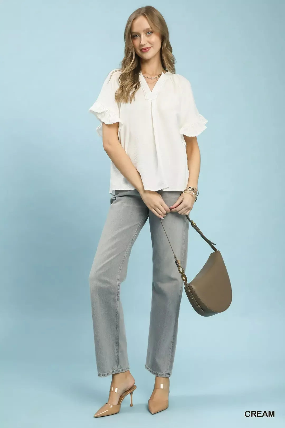 Umgee Ruffle Sleeve V Neck Flutter Blouse 1