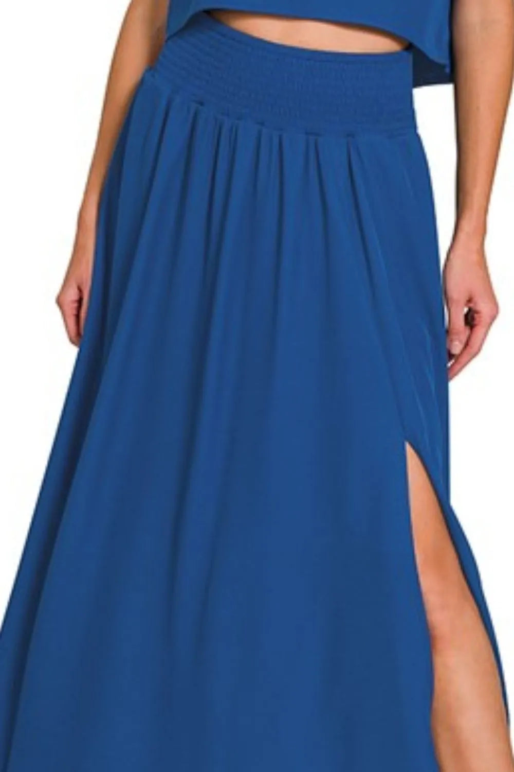Lt Navy Zenana Heavy Woven Span Crop Tee Skirt Set