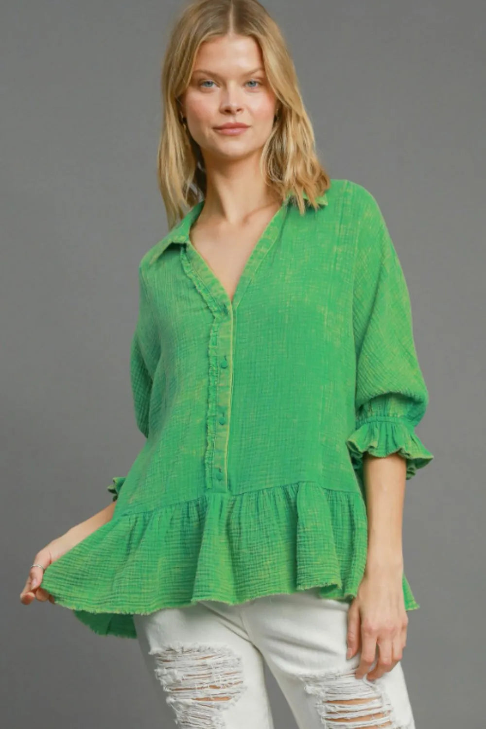 Green Umgee Full Size Mineral Washed Cotton Gauze Top Plus Size 1