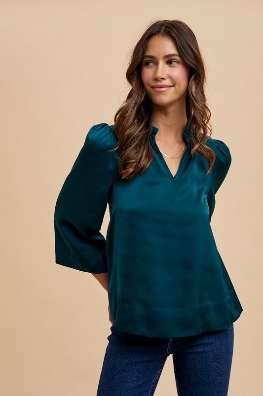 Deep Teal Annie Wear Satin Notched Three Quarter Sleeve Blouse