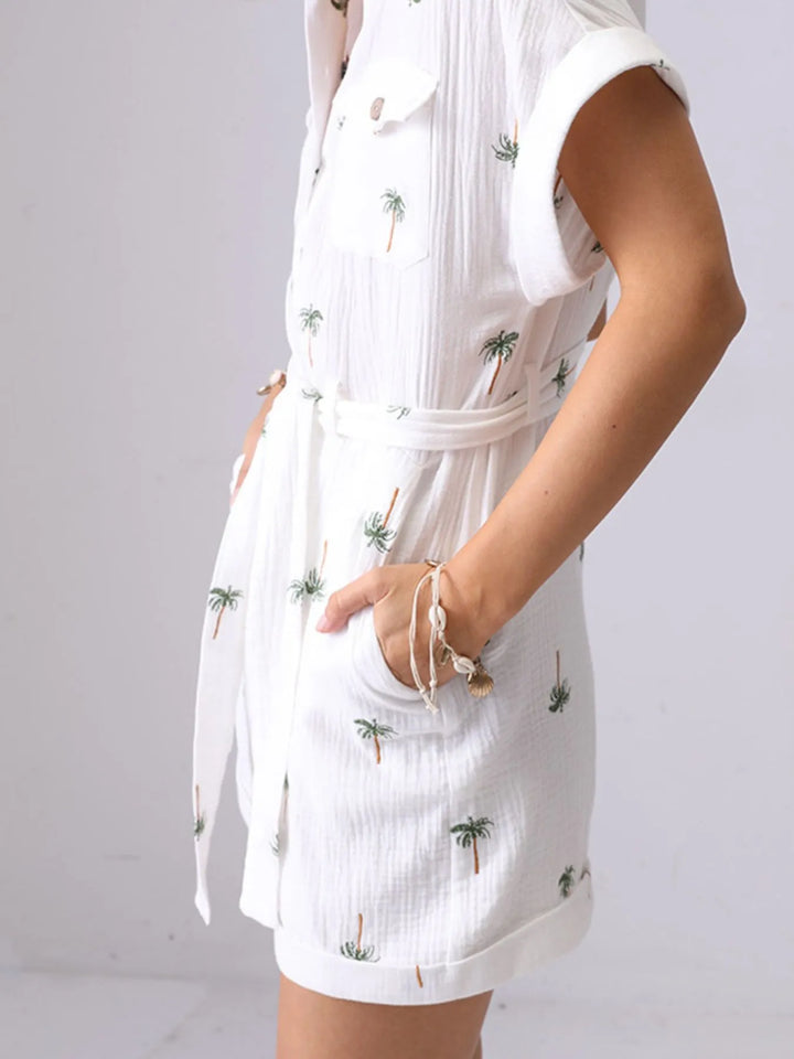 Palm Tree Print Short Sleeve Button Up Romper With Belt