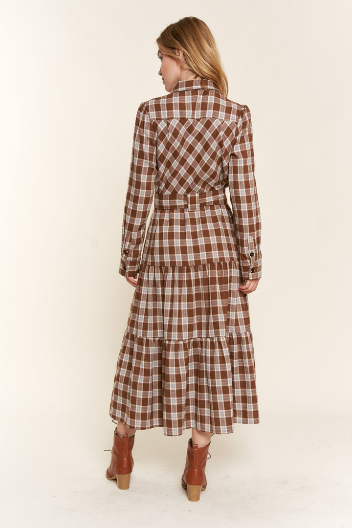 Brown And The Why Plaid Tiered Midi Shirt Dress