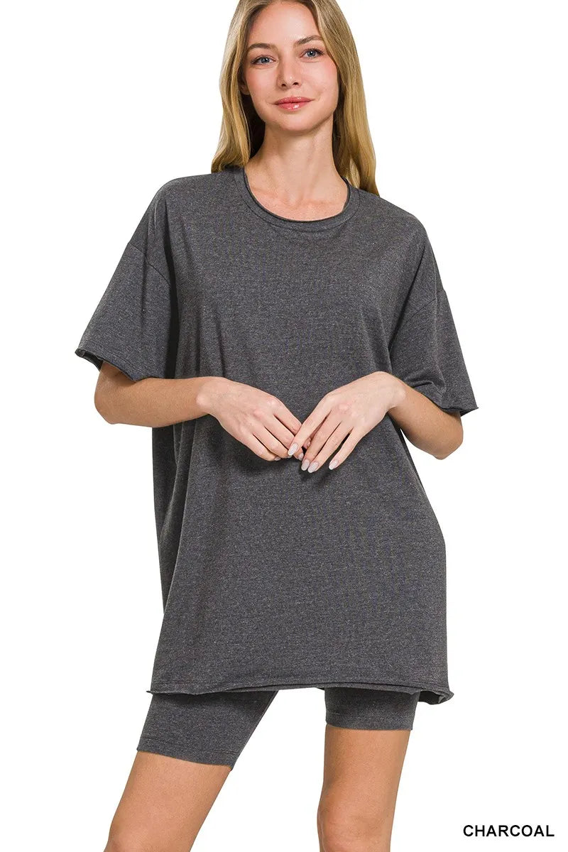 Charcoal Zenana Cotton Round Neck Top Biker Shorts 3