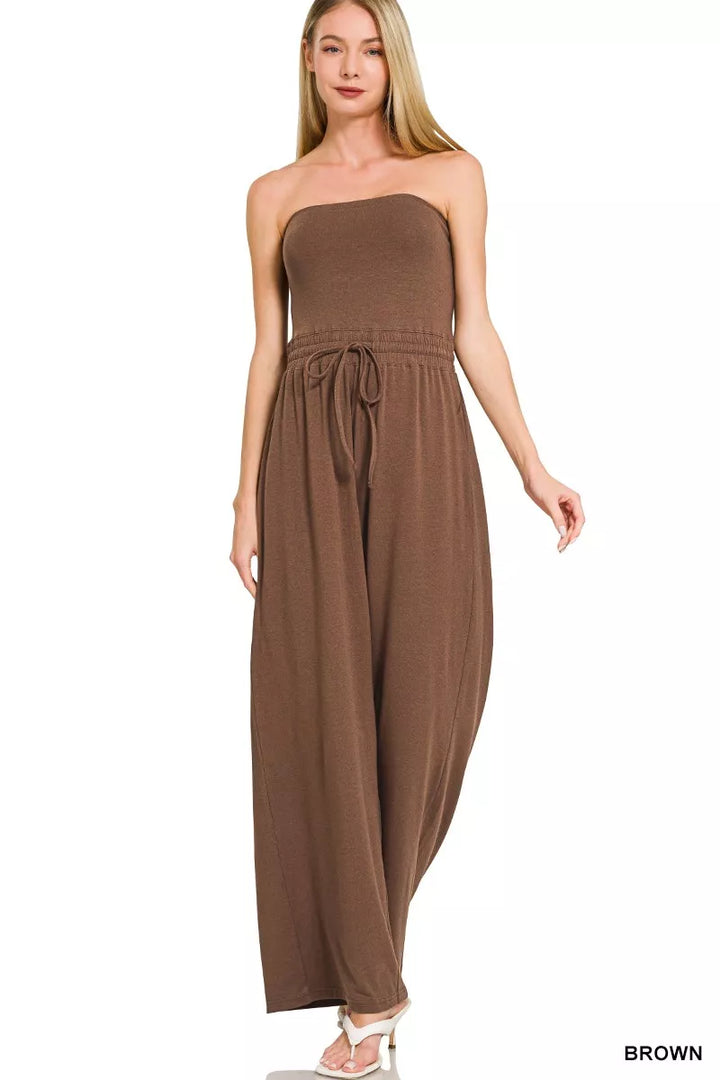 Brown Zenana Tube Top Jumpsuit With Drawstring Waist 2