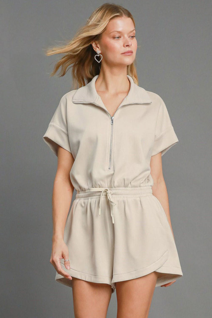 ECRU Umgee Full Size Half Sleeve Dolman Sleeved Romper Plus Size