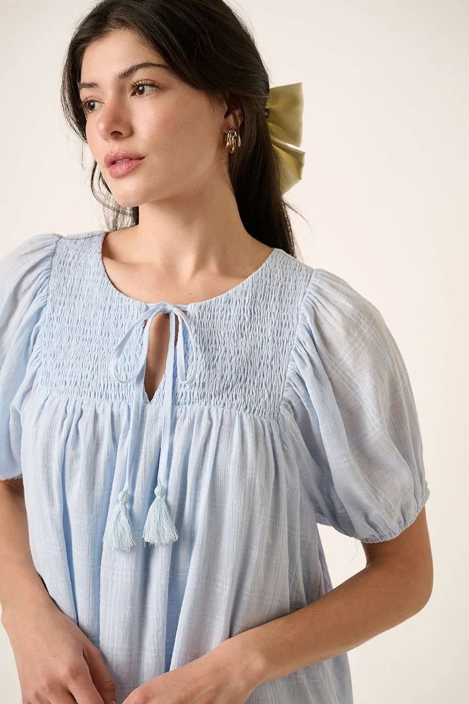 Blue Mittoshop Tassel Tie Plaid Gauze Short Sleeve Mini Dress 1