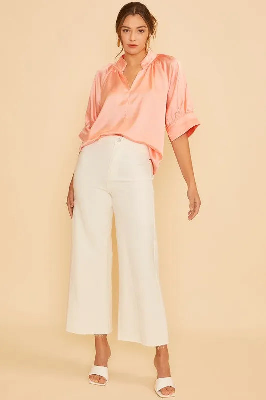Peach Annie Wear Satin V Neck Open Short Sleeve Woven Blouse Top