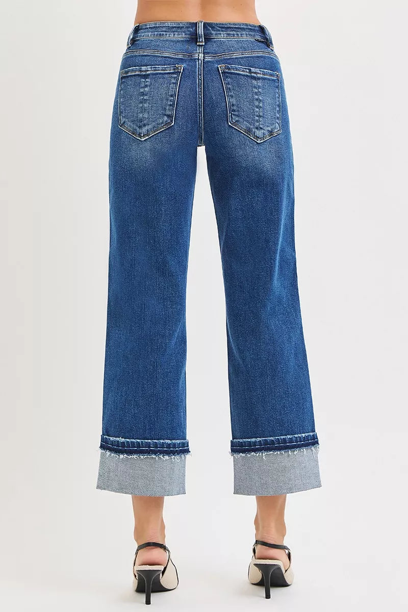 Dark Risen Mid Rise Ankle Straight Jeans With Cuffed Hem