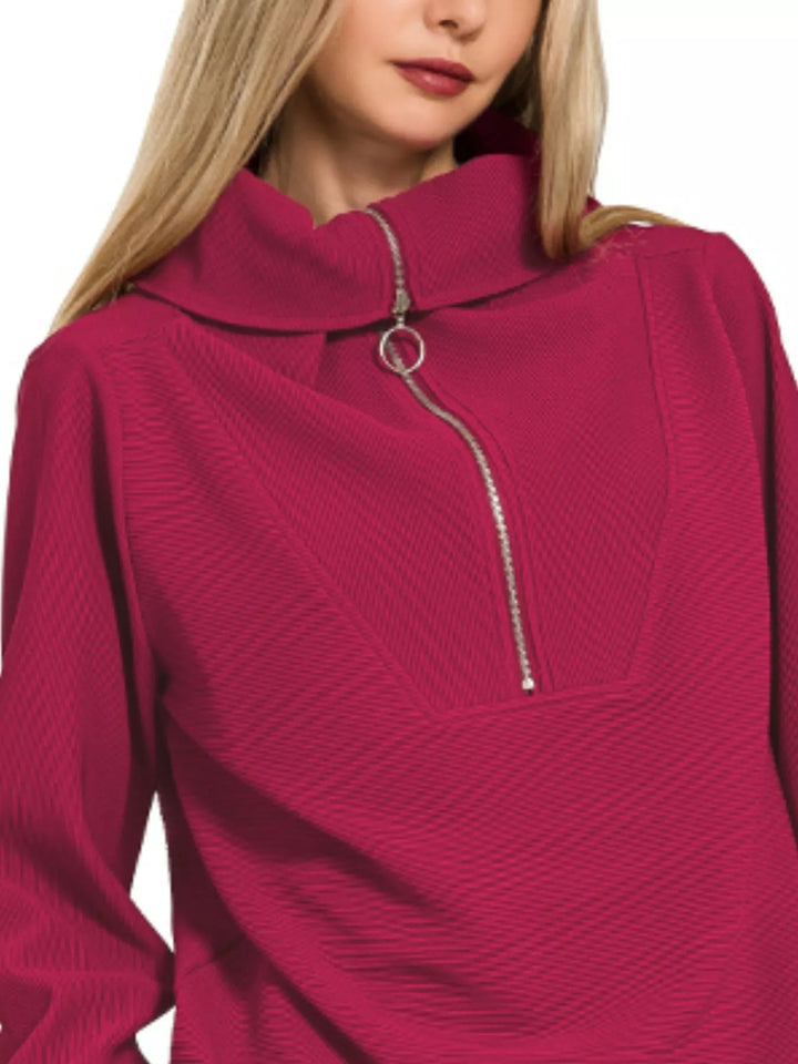 Cabernet Zenana Ribbed High Neck Half Zip Pullover Pants Set 3