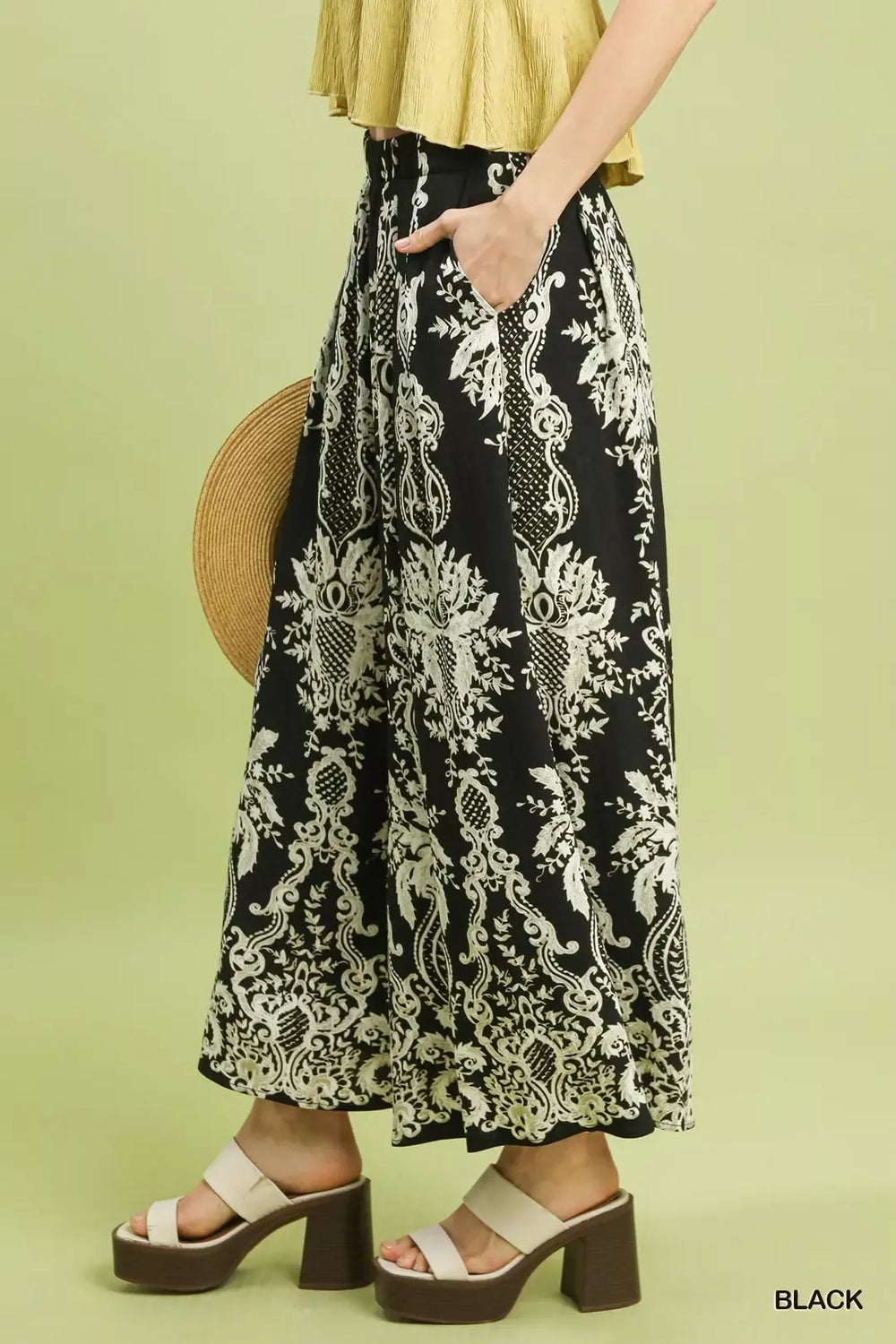 Black Umgee Border Print Wide Leg Pants 1