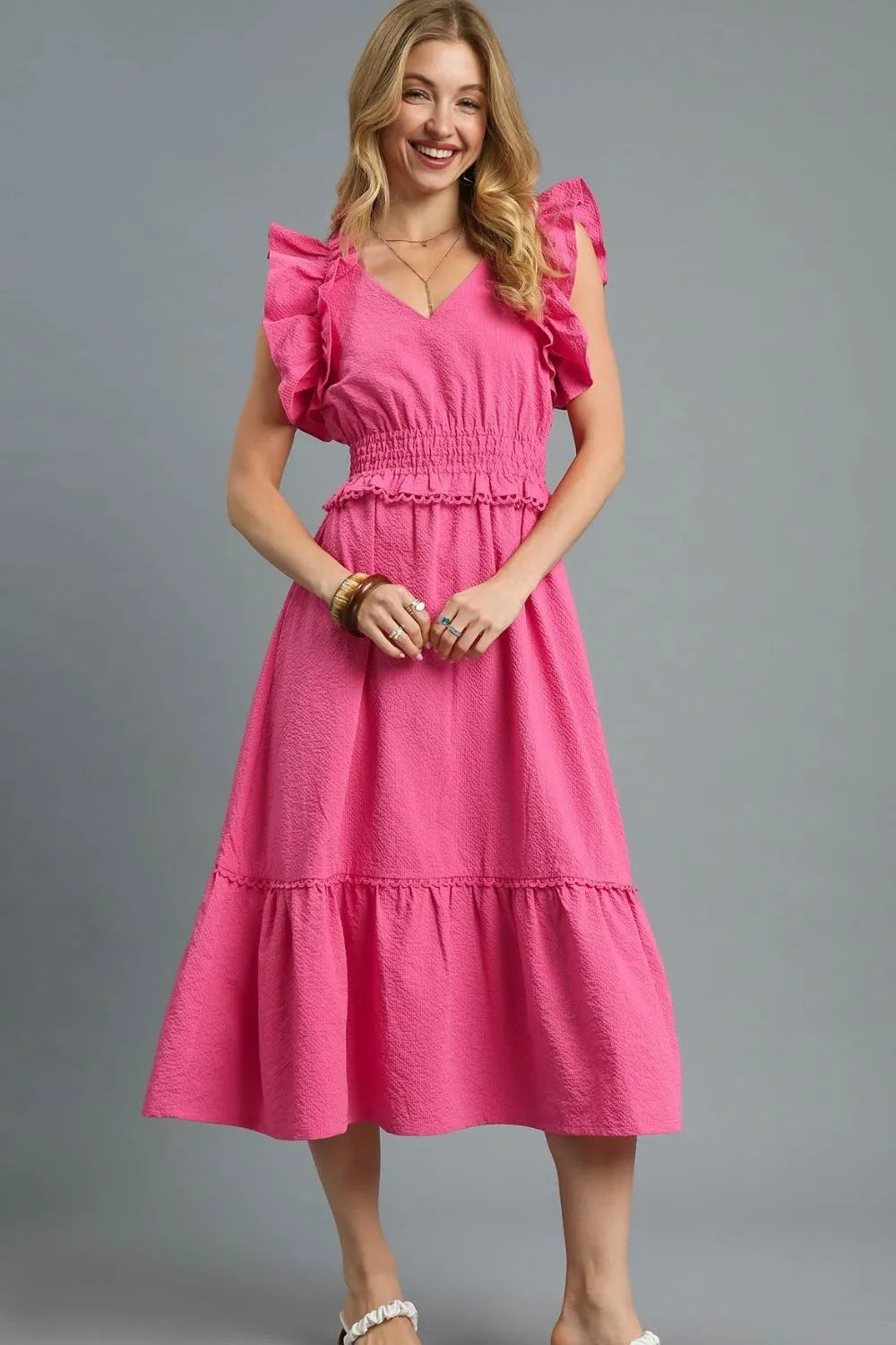 Hot Pink Umgee V Neck Ruffled Cap Sleeve Midi Dress