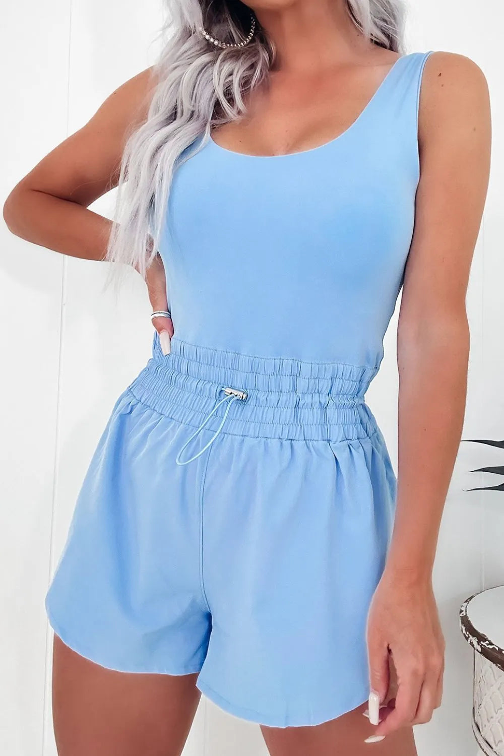 Light Blue Drawstring Waist Scoop Neck Romper
