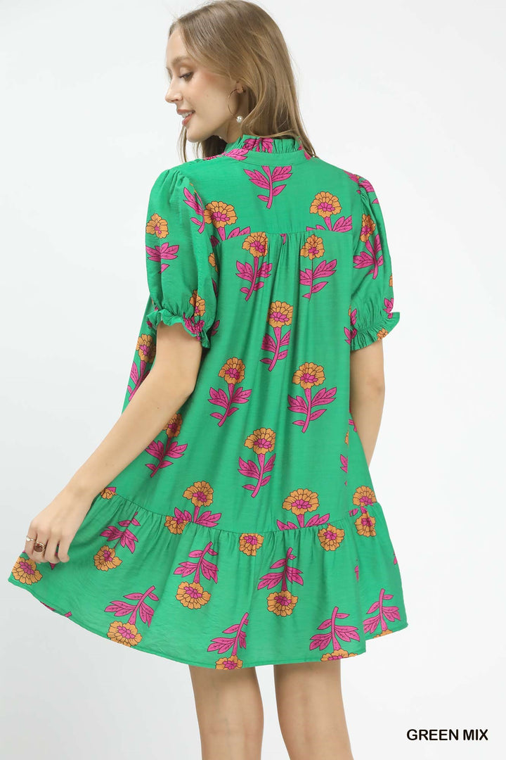 Green Mix Umgee Floral Print Babydoll Dress