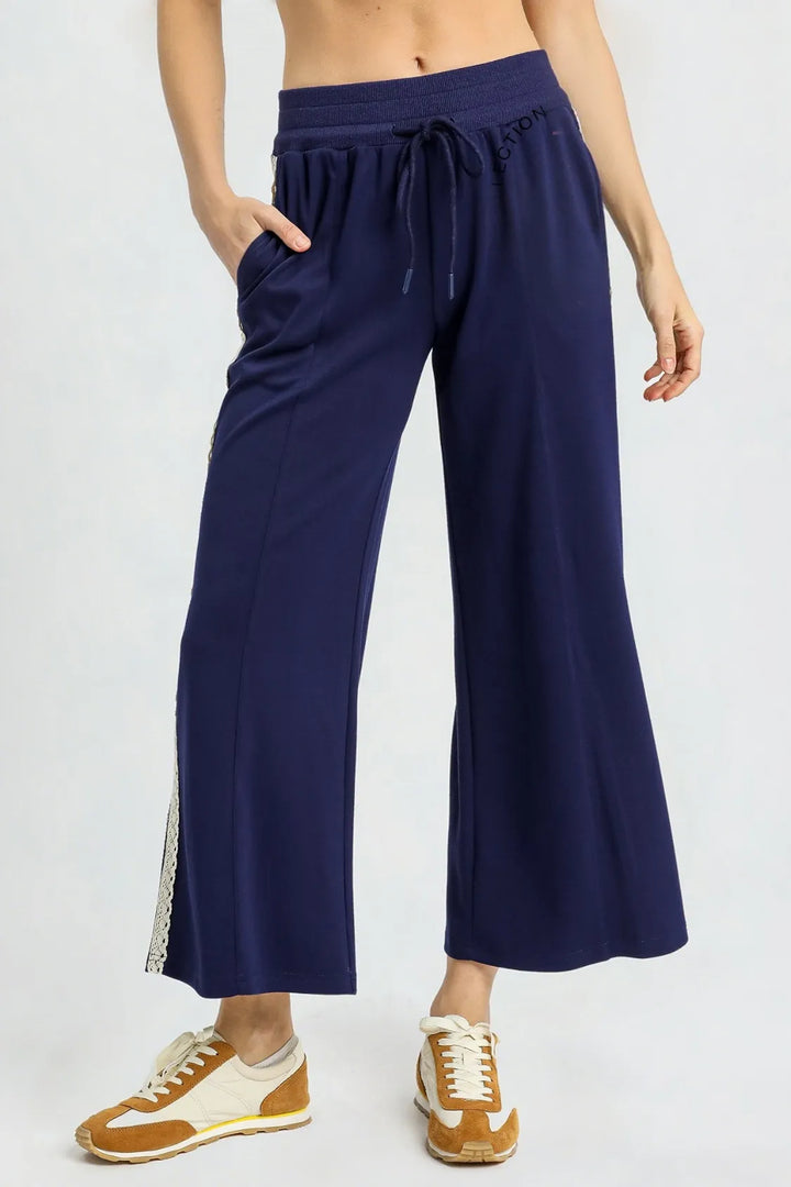 Navy Umgee Wide Leg Pants With Lace Trim