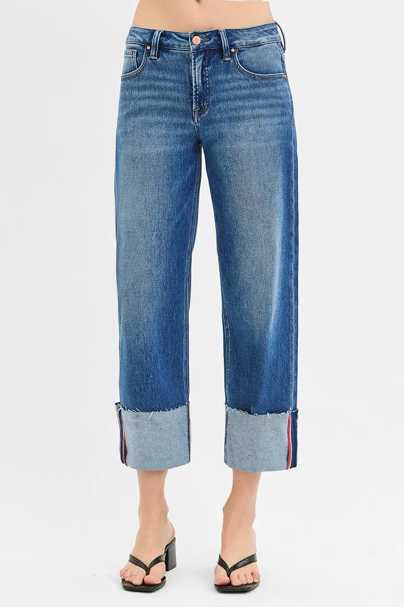 Dark Risen Full Size Tummy Control Mid Rise Crop Wide Cuffed Jeans Plus Size