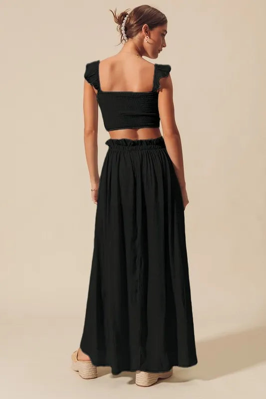 Black So Me Smocked Top And Flowy Maxi Skirt Set
