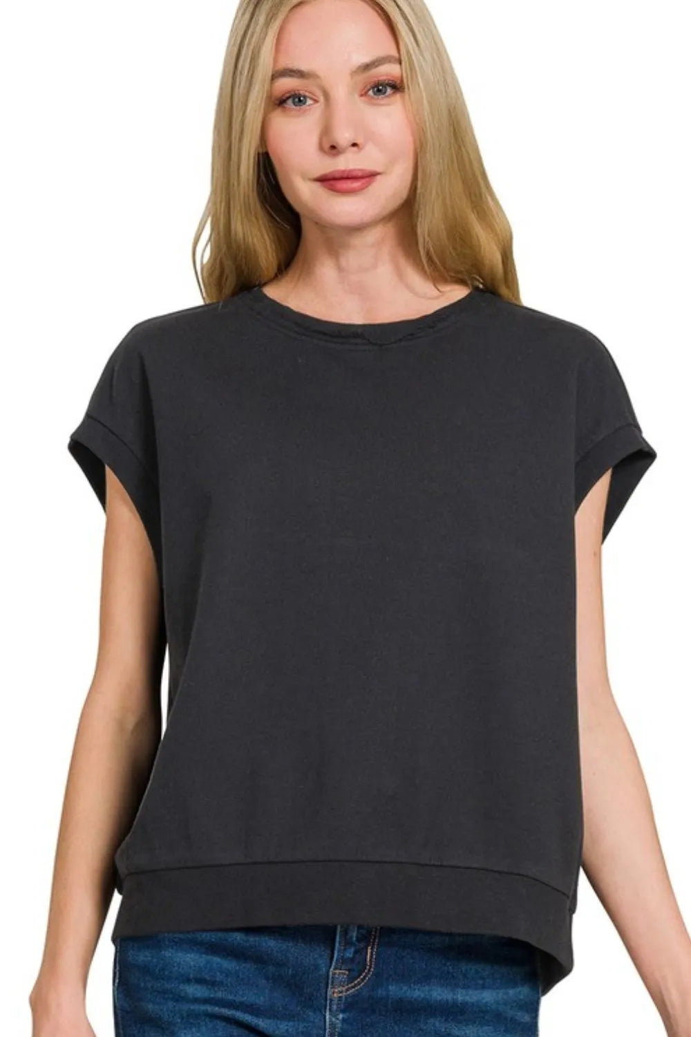 Black Zenana French Terry Round Neck Cap Sleeve T Shirt
