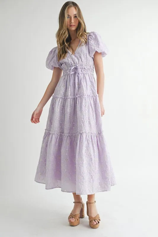 Mable Eyelet Lace Puff Sleeve V Neck Midi Dress 1