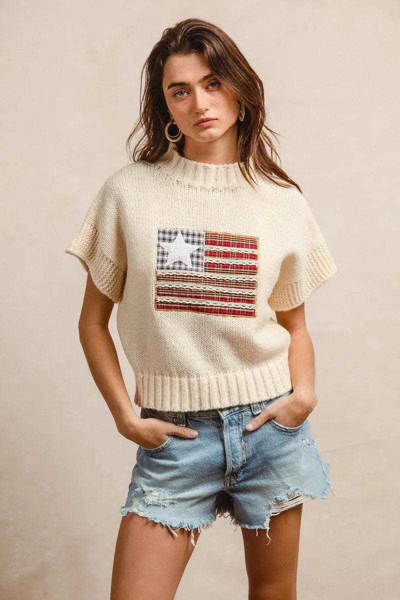 Bibi American Flag Patchwork Drop Shoulder Sweater