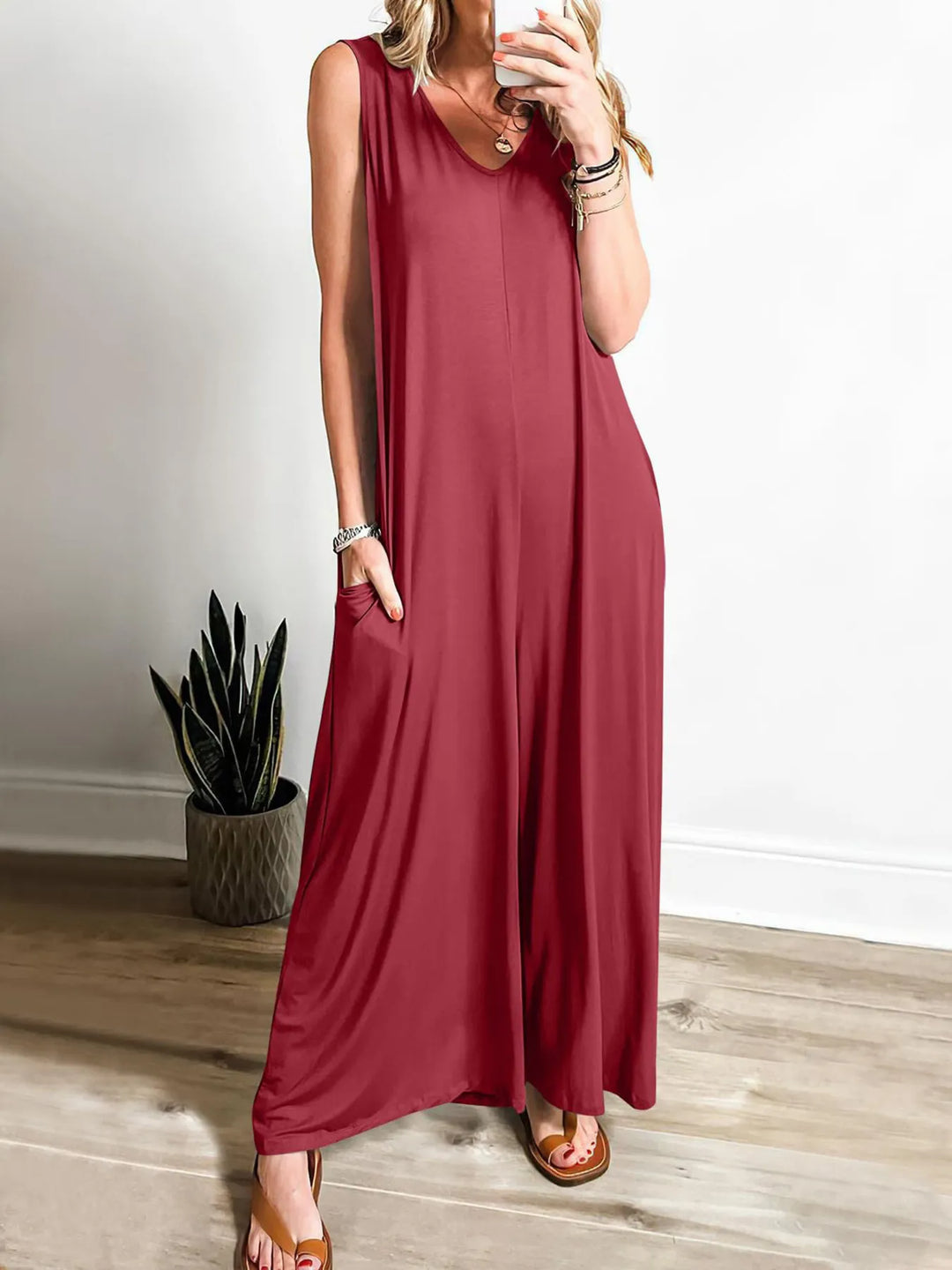 Wine Red Sleeveless V Neck Jumpsuit With Pockets