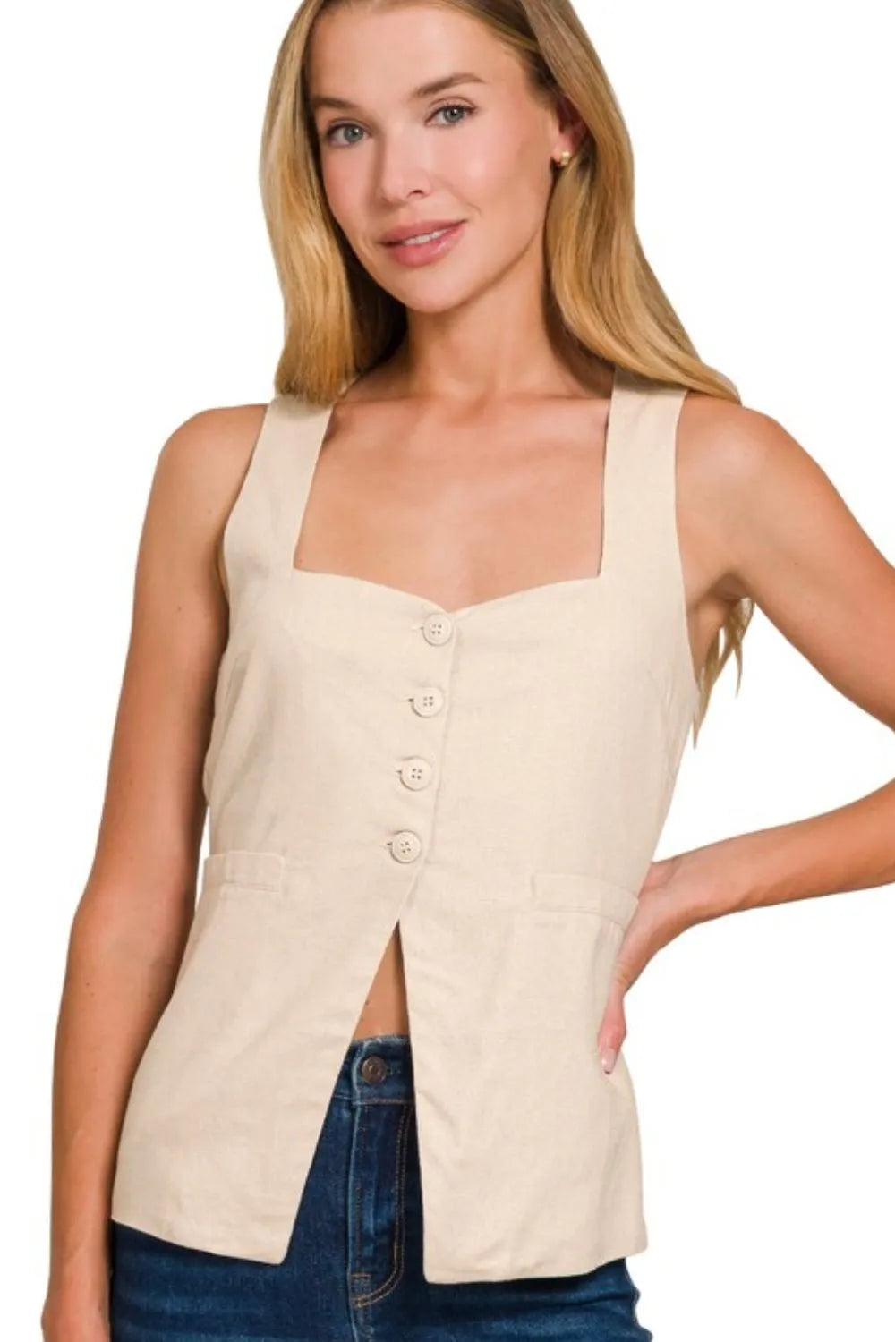 Sand Beige Zenana Linen Tie Back 4 Button Vest With Lining 2