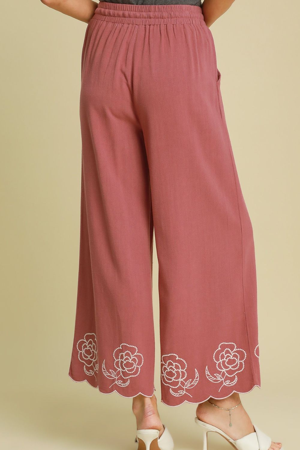 Dusty Pink Umgee Full Size Linen Blend Wide Leg Pants With Scalloped Hemline Plus Size