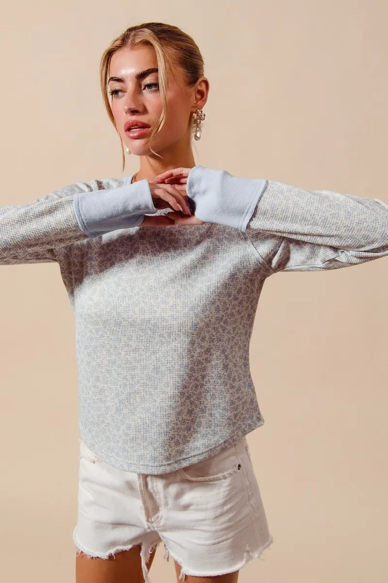Dusty Blue/Ivory So Me Textued Floral Knit Top With Contrast Cuffs